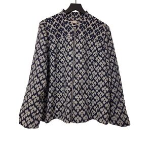 Chico's Jacket‎ Womens Full Zip Diamond Pattern Textured Blue Beige